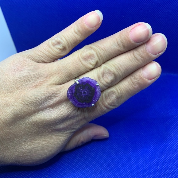 Rustic Cut Deep Purple Solar Agate Ring! .925 Sterling Silver Plated, Size 8 - Picture 8 of 10